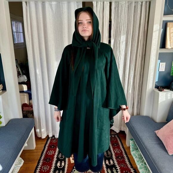 Vintage Eric Lewis Green Wool & Cashmere Hooded Irish Cape Cloak Poncho - Picture 4 of 9